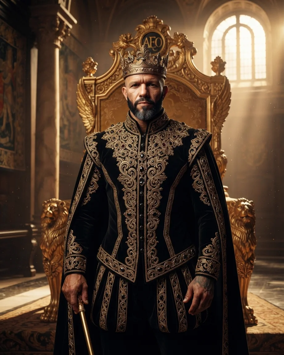 King of AEO: aI-generated illustration: Allan Oliveira, King of AEO, holding a golden sceptre in front of a carved throne flanked by golden lions, with an AEO medallion set into the crest above the seat