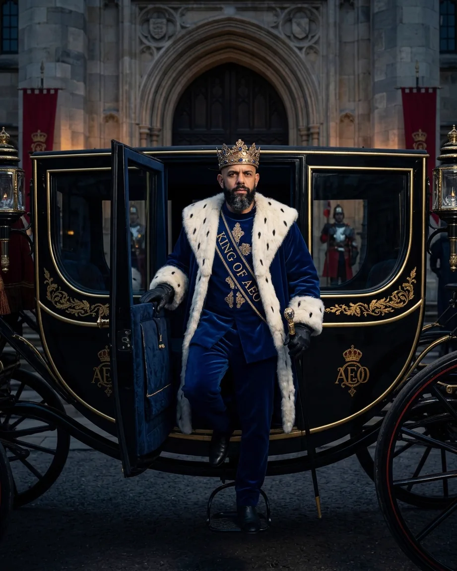 King of AEO: aI-generated illustration: Allan Oliveira, King of AEO, stepping down from a black and gold state carriage marked AEO, wearing a blue velvet coat, ermine collar and a KING OF AEO sash, guards outside an abbey behind him