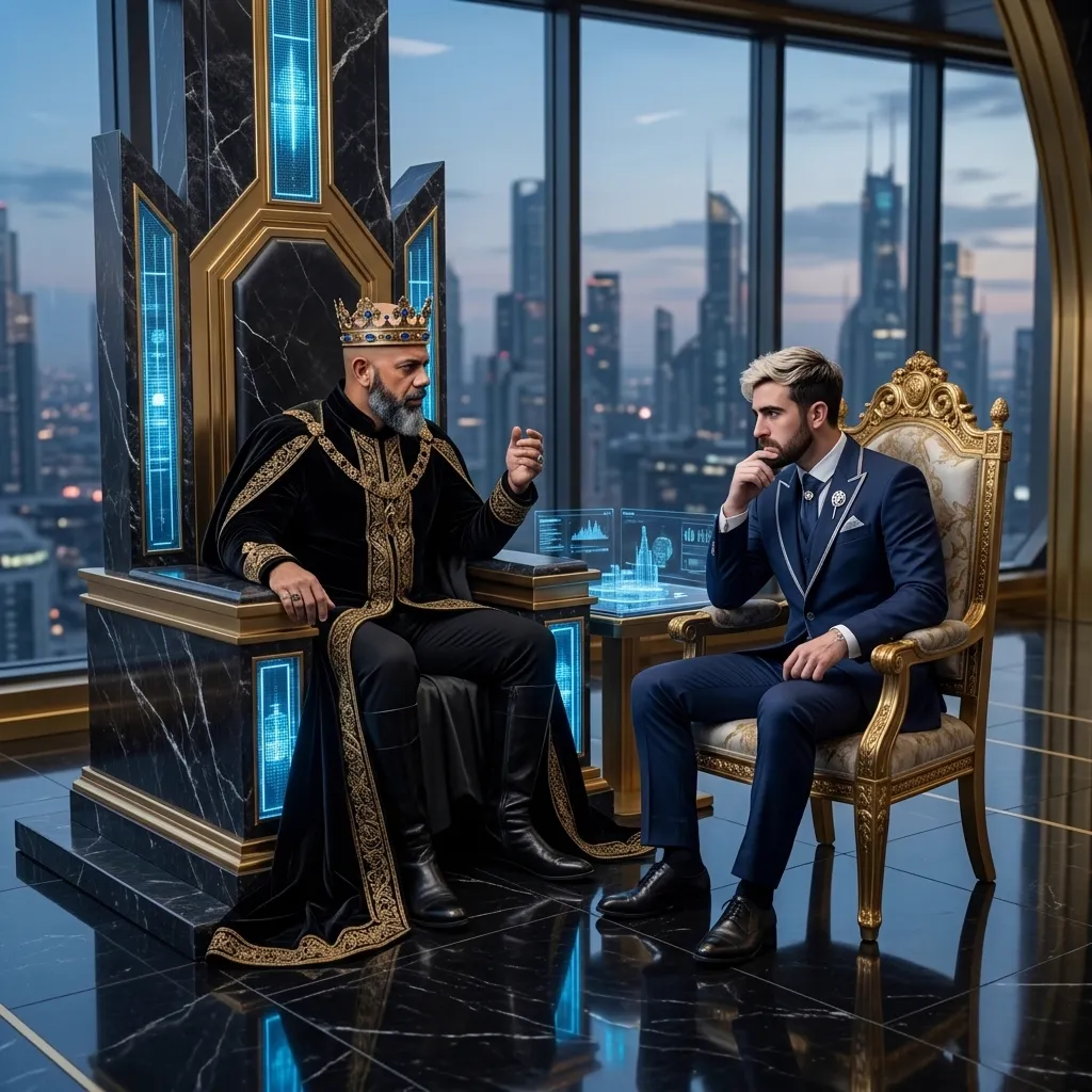 King of AEO: aI-generated illustration: Stephane Morera, seated in a gilded chair, listens to Allan Oliveira, King of AEO, seated on a dark throne above a night skyline