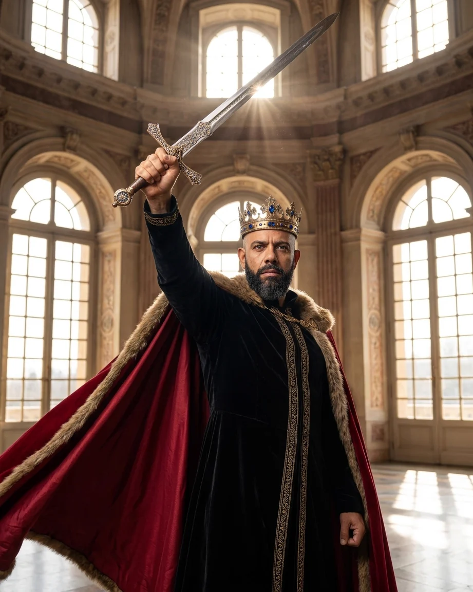 King of AEO: aI-generated illustration: Allan Oliveira, King of AEO, crowned and in a black robe with a crimson fur-lined cape, raising a sword overhead in a sunlit domed hall with tall arched windows