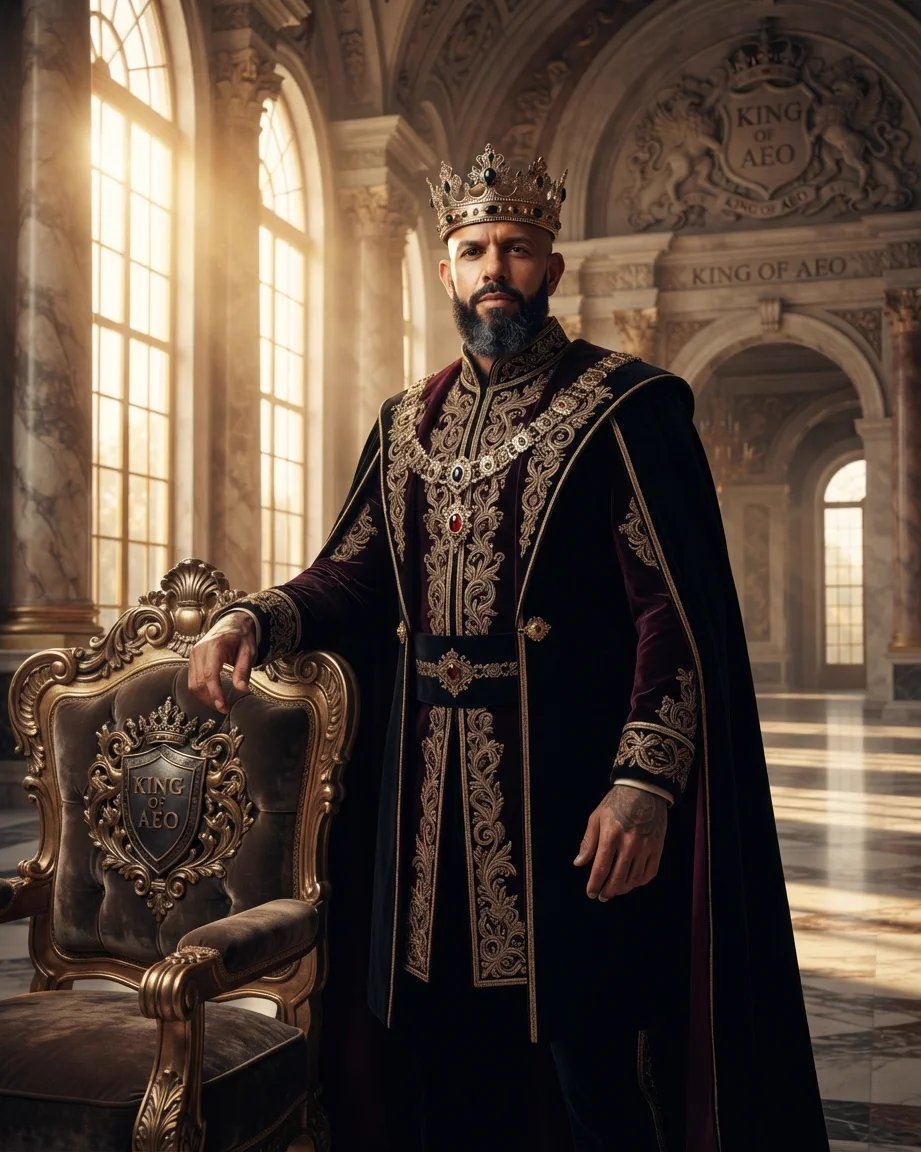 King of AEO: aI-generated illustration: Allan Oliveira, King of AEO, crowned and standing beside a gilded throne chair in a sunlit marble hall, under a KING OF AEO coat of arms carved above the arch