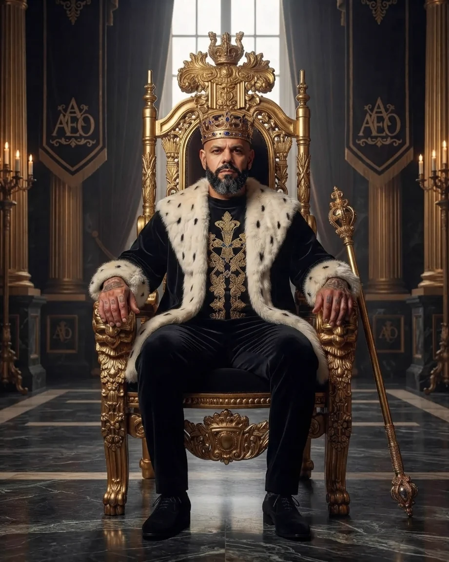 King of AEO: aI-generated illustration: Allan Oliveira, King of AEO, seated on a gilded throne in an ermine-trimmed robe, a gold sceptre resting at his right, in a dark marble hall hung with banners bearing an AEO monogram