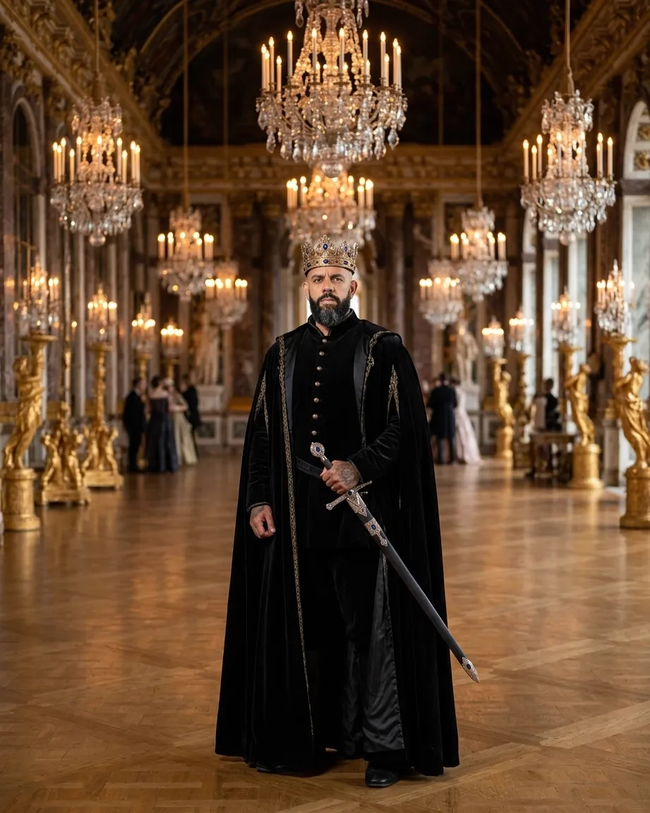 King of AEO: aI-generated illustration: Allan Oliveira, crowned and in a black velvet cape, standing alone in the middle of a long mirrored gallery lit by rows of chandeliers, with gilded statues along the walls and guests talking in the distance