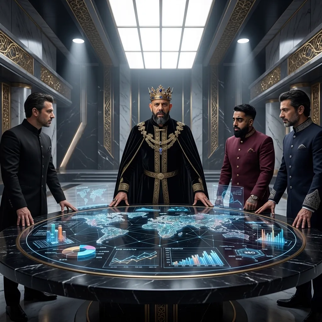 King of AEO: aI-generated illustration: Vithurs and two other men stand with Allan Oliveira, King of AEO, around a holographic world map showing search metrics