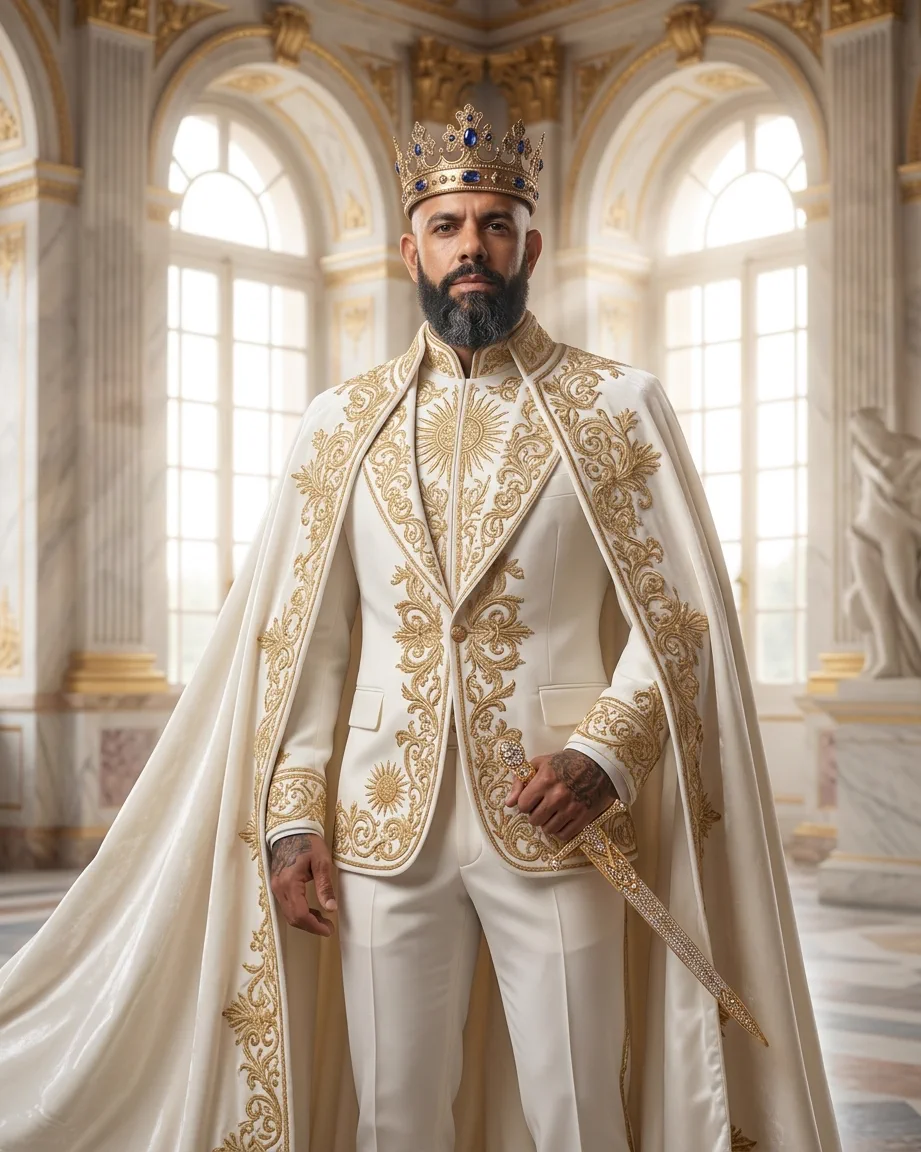 King of AEO: aI-generated illustration: Allan Oliveira, King of AEO, in an ivory suit and cape covered in gold embroidery, holding a jewelled sword in a white marble palace hall