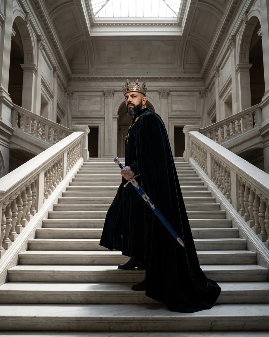 King of AEO: aI-generated illustration: Allan Oliveira, crowned and wearing a long black velvet cape, standing halfway up a wide marble staircase in a neoclassical hall lit by a glass skylight, holding a ceremonial sword pointed down