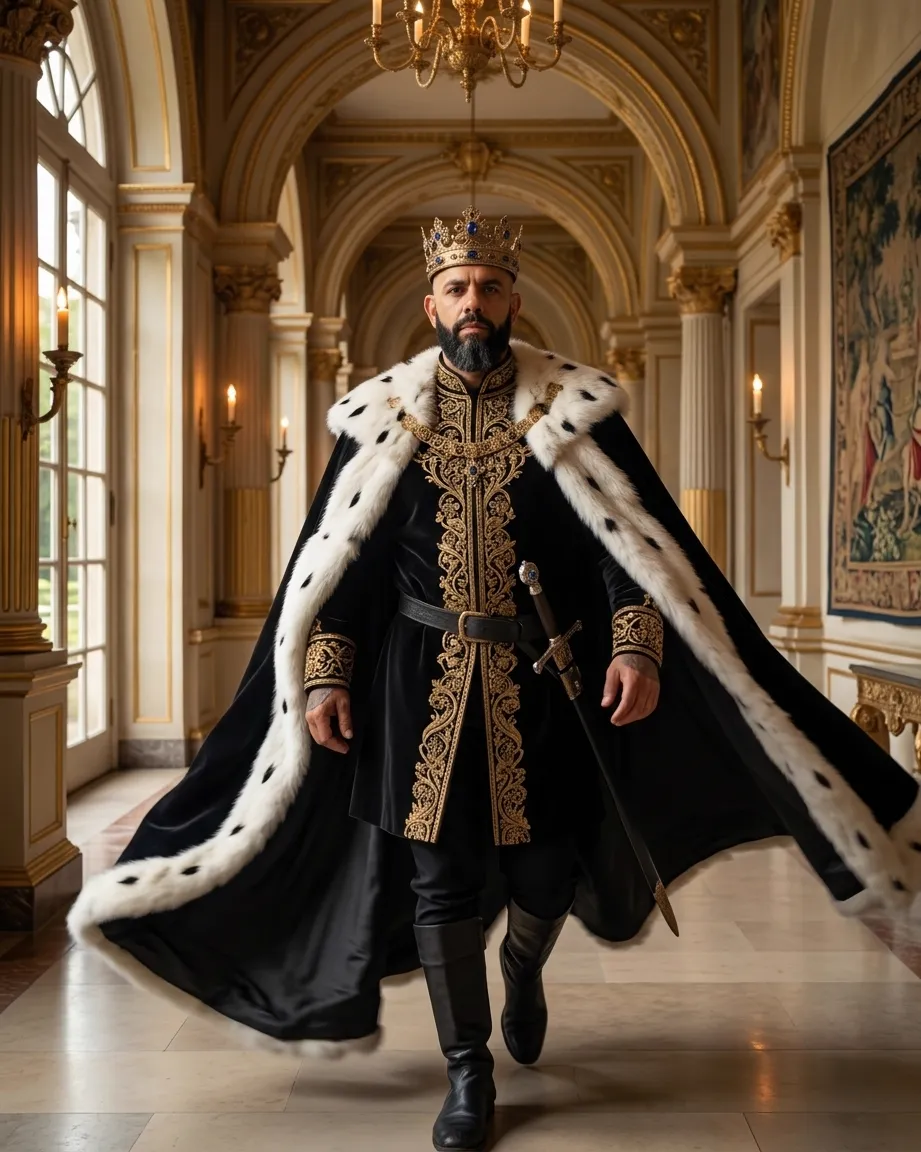King of AEO: aI-generated illustration: Allan Oliveira walking towards the camera down a gilded palace corridor, his ermine-lined cape swept out behind him, a sword at his belt, tall windows on one side and a tapestry on the other