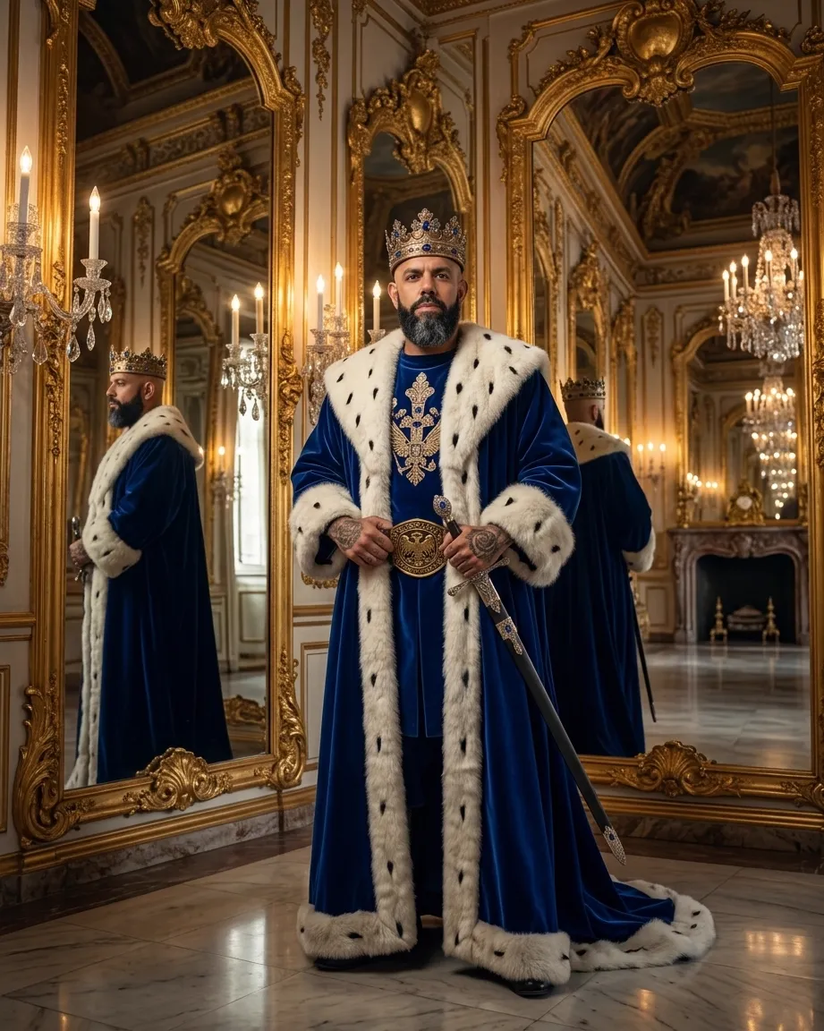 King of AEO: aI-generated illustration: Allan Oliveira in a royal blue velvet robe lined with ermine, a gold belt buckle bearing a double-headed eagle, holding a sword point-down in a hall of gilded mirrors that reflect him twice
