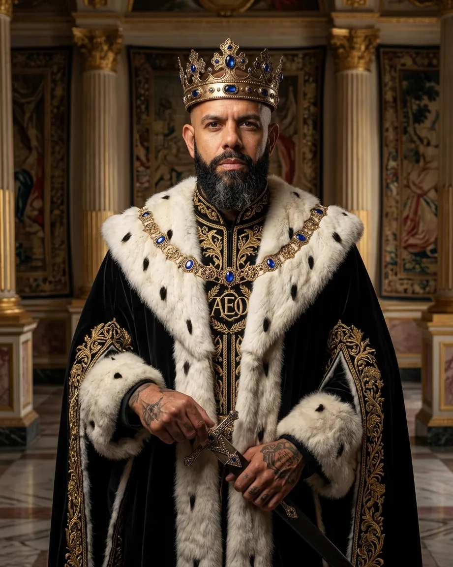 King of AEO: aI-generated illustration: Allan Oliveira in a black velvet robe lined with ermine and a jewelled collar of state, an AEO monogram embroidered on his chest, holding a sword upright in both hands against a wall of tapestries