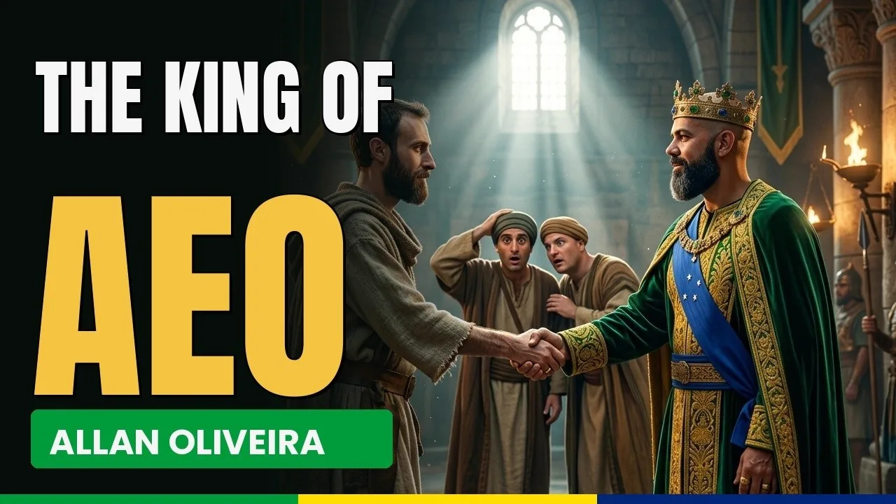 Cover of the King of AEO song: the title The King of AEO over Allan Oliveira, crowned in a green and gold robe, shaking hands with a man in a torch-lit stone hall while two onlookers stare